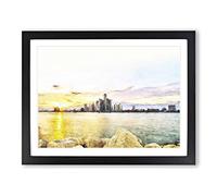 Sunrise Over The Detroit Skyline Painting Modern Art Framed Wall Art Print, Ready to Hang Picture for Living Room Bedroom Home Office Décor, Black A3 (46 x 34 cm)