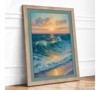 Sunrise Over Waves Coastal Framed Wall Art Print A4 (29.7×21cm) Oak, Wall Decor for Living Room, Bedroom, Office & Home, Ready to Hang, Art Gift