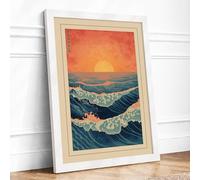 Sunrise Over Waves Japandi Framed Wall Art Print A2 (59.4×42cm) White, Wall Decor for Living Room, Bedroom, Office & Home, Ready to Hang, Art Gift