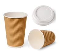Sunrise Packaging 50 x Kraft Ripple HOT Drinks Cups with LIDS - 8oz | 12oz |16oz | Eco-Friendly Brown Coffee Cups | Recyclable Leakproof Paper Cups for Hot Drinks (12oz / 340ml)