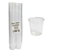 Sunrise Packaging Pack of 100 - Resuable Plastic Shot Glasses, Dessert Glass, 25ml Strong Durable Crystal Clear Shot Cups, Sample Testing Cups, Cocktails