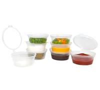 Sunrise Packaging Reusable Plastic Pots with Lids - Pack of 50 | Clear Round Food Containers | Leak-Proof Hinged Sauce Pots for Dips, Chutney, Sauces, Condiments, Crafts and Deli Pots (2oz - 55ml)