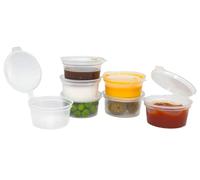 Sunrise Packaging Small 1oz Reusable Plastic Pots With Lids - 50 Pack | Round Food Containers | Hinged Sauce Containers for Dips, Chutney, Sauces, Condiments, Crafts and Deli