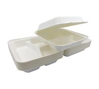 Sunrise Packaging White 3 Compartment Bagasse Meal Box, 9 x 9 inch, Recyclable, Food-Grade, Tight Lid, Clamshell, Disposable Food Packing, 200