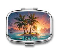 Sunrise Palm Tree Island Pill Box 2 Compartments Portable Travel Pill Case Mini Medicine Organizer for Pocket Purse Metal Waterproof Medicine Container Holder Vitamin Fish Oil