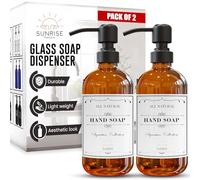 Sunrise Premium 2-Pack Amber Glass Soap Dispenser with Matte Black Stainless-Steel Pump,16 Oz Brown Dish and Hand Soap Dispenser Set Reusable Apothecary Soap Pump Dispenser bottle for Bathroom Kitchen