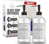 Sunrise Premium 2 Pack Clear Glass Soap Dispenser 16 OZ with Oil Rubbed Bronze Stainless Steel Pump, Hand and Dish Soap Dispenser Set for Bathroom and Kitchen Sink with 6 Waterproof Labels