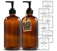 Sunrise Premium Amber Glass Soap Dispenser with Plastic Pump, 16 Oz Pack of 2 Brown Dish and Hand Soap Dispenser Set Refillable Reusable Apothecary Soap Pump Dispenser bottles for Bathroom and Kitchen