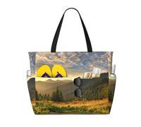 Sunrise Print Large Waterproof Beach Tote Bag for Women with Zip and Pockets Foldable Handbag for Travel Pool Shopping Holiday Gym