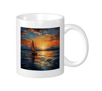 Sunrise Printed Mugs Set Nautical Landscape Boat Cloud Mountain Ocean Sun Boho Orange Blue Porcelain Tea Infuser Reusable Office Family Pantry Library Coffee Cup
