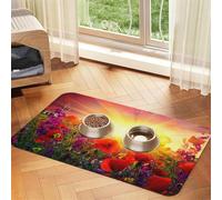 Sunrise Red Flowers Patterned Pet Feeding Mat with Water-Absorbing PU Top & Rubber Base - Anti-Slip Dog Cat Food Mat for Cats, Dogs & Pets, 30x45cm