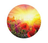 Sunrise Red Flowers Printed Coasters Set of 6, Tabletop Protection Leather Coasters for Cup Drinks Coffee Pads Beer Bar Mat Gifts, Round Shape