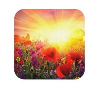 Sunrise Red Flowers Printed Coasters Set of 6, Tabletop Protection Leather Coasters for Cup Drinks Coffee Pads Beer Bar Mat Gifts, Square