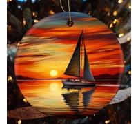 Sunrise Sailing Boat Ceramic Christmas Ornaments - 4 Pcs Rustic Round Xma Tree Decor with Hanging String, Personalized Vintage Double-Sided Holiday Party Decorations for Xmas Gifts