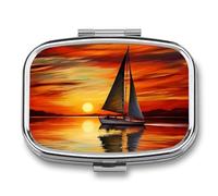 Sunrise Sailing Boat Pill Box 2 Compartments Portable Travel Pill Case Mini Medicine Organizer for Pocket Purse Metal Waterproof Medicine Container Holder Vitamin Fish Oil