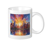 Sunrise Set Of Printing Mug Bohemian Abstract Mosaic City Botanical Lake Sunshine Scenery yellow blue Porcelain Reusable lnsulated library living room kitchen dorm Hot Drinks Flat Bottom 11 Ounce