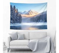 Sunrise Snow Mountain Backdrop For Photography Tapestry -Christmas Tree By The Snow Lake Winter Tapestries Holiday Wall Hanging And Supplies For Home Bedroom Living Room Dorm Party Decoration