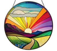 Sunrise Stained Glass Window Hanging Suncatcher, Round Colourful Landscape Panel, Nature Window Decor for Home Garden Conservatory Wall, Nature Lover Gift for Mum Grandma