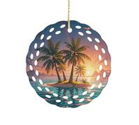 Sunrise Tropical Palm Tree Island Ceramic Christmas Ornaments 3 Inch Round Double-Sided Xmas Tree Decorations Pendant with Gold Ribbon for Home Holiday Decor, Gift for Family & Friends