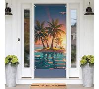 Sunrise Tropical Palm Tree Island Door Banners for Front Doors, Spring Summer Decorative Door Cover Welcome Porch Banner Decoration Hanging Wall Background for Party Supplies Indoor Outdoor Home Decor