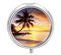 Sunrise Tropical Palm Tree Island Pill Cases Round Pillbox with 3 Compartments Portable Travel Pill Organizer Box Mini Metal Pill Holder and Vitamin Containers for Fish Oil & Supplements
