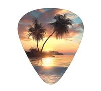 Sunrise Tropical Palm Tree Island Print Guitar Picks 12-Pack - Assorted Thickness Picks with Storage Box & Assorted Unique Design for Acoustic, Electric, Bass, and Ukulele Players