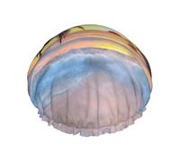 Sunrise Tropical Palm Tree Island Printed Double-Layer Shower Cap, Reusable Shower Cap, Suitable For Various Hair Lengths