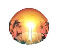 Sunrise Tropical Palm Tree Island Printed Reusable Bathing Cap, Dual Layer Hair Cover For Long Thick Hair, 10.6in Headgear