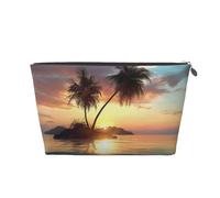 Sunrise Tropical Palm Tree Island Printed Toiletry Bag for Women Girl Portable Travel Cosmetic Bag Leather Makeup Pouch Organizer with Silver Zipper