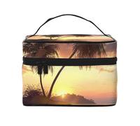 Sunrise Tropical Palm Tree Island Printing Makeup Bag for Women Portable Travel Cosmetic Case Make Up Organizer Bag Beauty Box with Inner Pouch and Handle