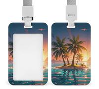 Sunrise Tropical Palm Tree Island Retractable ID Badge Holder with Lanyard - Vertical Badge Reel,Keychain Clip,Name Tag Id Card Holder Protector for Nurse Officer Teacher Security Staff Women Men