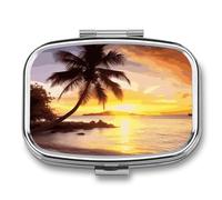 Sunrise Tropical Palm Tree Island Travel Pill Box, Portable Travel Pill Organizer, Retro, Durable, 2 Compartments, for Vitamins, Medication, Fish Oil and