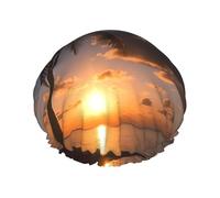 Sunrise Tropical Palm Tree Still Double Layered Shower Cap For Women Reusable Suitable For Bathing Spa