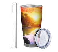 Sunrise tumbler with lid and straw Nature Tree River Cloud Scenery Sky Rustic Lake Cottage yellow green Metal Reusable No Spill Shatterproof Yard Outdoor Picnic gym with straw Cold Drinks 20 Ounce