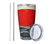 sunrise tumblers with lid and straw retro japanese sun pattern boho abstract art waves ocean sea red grey dark blue metal unbreakable