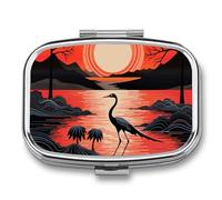 Sunrise with Flamingos Pill Box - 2 Compartment Travel Pill Organizer with Small Mirror, Portable Pillcase for Pocket & Purse, Cute Square Medicine Case, Weekly Medicine Container