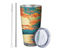 sunrise with lid and straw abstract tumbler bohemian lake cloud art landscape beautiful scenery blue orange insulated no spill picnic gym coffee 590