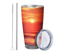Sunrise with lid and straw tumbler Beach Beautiful Scenery Nature Ocean Cloud Sky Seascape Shores red orange Powder Coated Hot And Cold No Spill Office Outdoor Club Dorm Stemless Double Wall 20 Ounce
