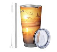Sunrise with lid and straw tumbler Bird Beautiful Animals Cloud Ocean Nature Scenery Beach Seascape orange gray Stainless Metal Hot And Cold No Spill Office Outdoor Dorm Coffee drinking cup 20 Ounce