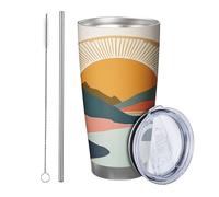Sunrise with lid and straw tumbler bonsai sun mountain road abstract bohemian landscape modern yellow blue metal stainless hot cold spill free office outdoor club