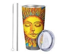 Sunrise with lid and straw tumbler Botanical Plant Leaves Ugly Sun Abstract Bohemian Artistic blue orange Insulated Can Cooler No Spill Yard Outdoor Picnic gym Coffee drinking cup 20 Ounce