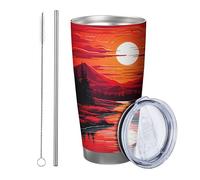 Sunrise with lid and straw tumbler Nature Landscape Forest River Cloud Sky Stone Abstract red black Powder Coated Hot And Cold No Spill Office Outdoor Club Dorm Stemless Double Wall 20 Ounce