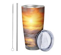 Sunrise with lid and straw tumbler Stone Waves Sea Ocean Nature Cloud Sky Sun Scenery Shores orange gray Powder Coated Hot And Cold No Spill Office Outdoor Club Dorm Stemless Double Wall 20 Ounce