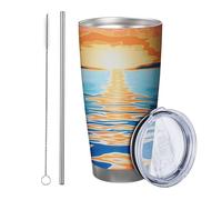 Sunrise with lid and straw tumbler Sun Ocean Sea Scenery Bohemian Abstract Designs Artistic orange blue Stainless Metal Hot And Cold No Spill Office Outdoor Club Dorm Coffee drinking cup 20 Ounce