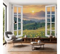 Sunrise Yellow Flowers Window View Photo Wallpaper Panoramic, Rural Countryside Wall Mural Poster 3D Effect - Silk Wallpaper for Living Room Bedroom Office TV Background Decoration, 450 × 315 cm
