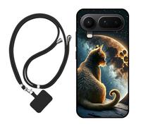 Sunrive Case compatible with Honor Magic8 Pro Air, Ultra Slim matte Soft Premium TPU Back Rubber Bumper Protector Patterns Cover(Moon,stars,cat)+1 x Phone Lanyard