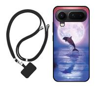 Sunrive Case compatible with Honor Magic8 Pro Air, Ultra Slim matte Soft Premium TPU Back Rubber Bumper Protector Patterns Cover(Moon,Dolphins,Sea)+1 x Phone Lanyard