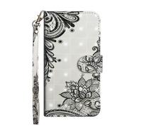 Sunrive Case compatible with Honor X5C Plus,Sunrive PU Leather Phone Holster Case Card Slot Flip Wallet Stand Function gel magnetic Protective Skin Cover (Black Flowers)