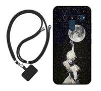 Sunrive Case compatible with LG V40 ThinQ, Ultra Slim matte Soft Premium TPU Silicone Back Rubber Bumper Protector Patterns Cover(Back Shadow,Moon,Stars)+1 x Phone Lanyard