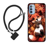 Sunrive Case compatible with Motorola Moto G31, Ultra Slim matte Soft Premium TPU Silicone Back Rubber Bumper Protector Patterns Cover(Maple Leaf Fox)+1 x Phone Lanyard